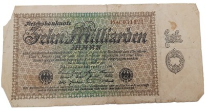 Stary Banknot Niemcy 10 miliardów marek 1923