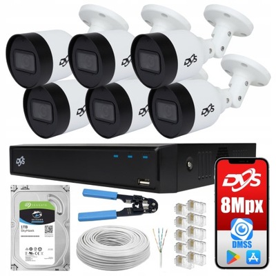 ZESTAW KAMER DO MONITORINGU DOMU IP 6 KAMERY 8MPX POE DYSK DMSS DVS 1TB