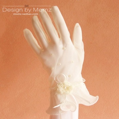 Rękawiczki Ślubne Koronkowe Perłowe Białe