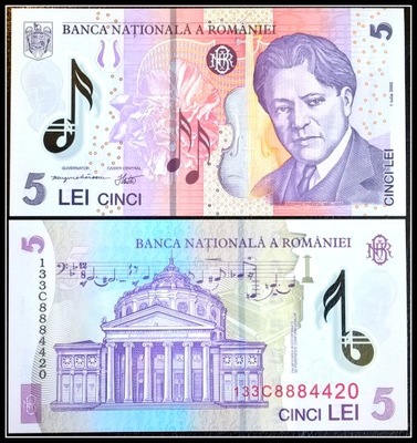 751. Banknot Rumunia 5 Lei 2005r. Polimer UNC