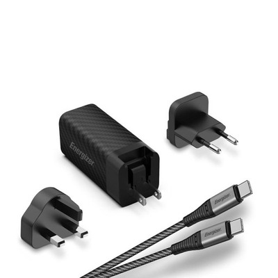 Ładowarka Sieciowa Energizer EU/UK/US GaN USB-C USB-A 90W PD + Kabel USB-C