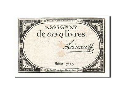 Banknot, Francja, 5 Livres, 1793, Loiseau, 1793-10