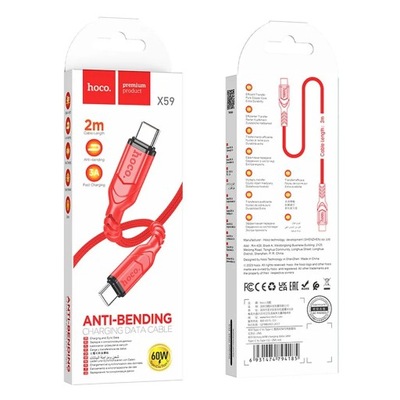 Czerwony kabel Hoco Typ C do Typ C PD QC 3A 60W X59 2 m
