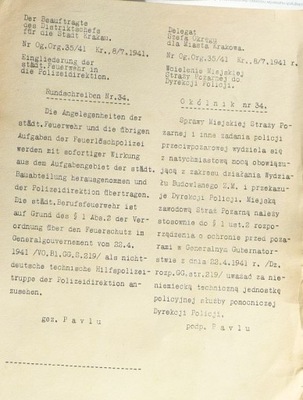 WCIELENIE MIEJSKIEJ STRAŻYPOŻARNEJ DO DYREKCJI POLICJI 1941 GG