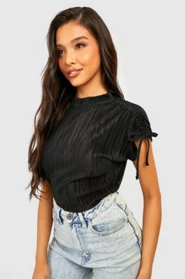 BOOHOO PLISOWANY TOP Z KRÓTKIM RĘKAWEM XL