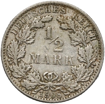Niemcy, Wilhelm II, 1/2 marki 1908 E, st. 3+
