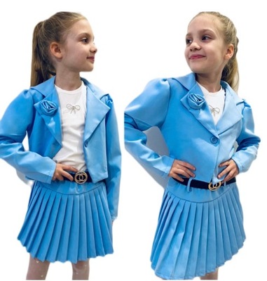 ŻAKIET garnitur DZIEWCZĘCY spódnica MARYNARKA błękit 152
