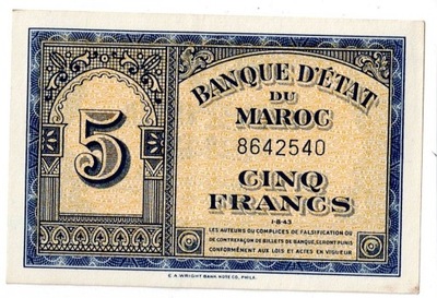 Banknot, Maroko 5 francs 1943 stan 2