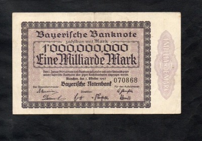 KOLEKCJA NIEMCY -- BAYERISCHE NOTENBANK -- 1 000 000 000 MAREK -- 1923 rok