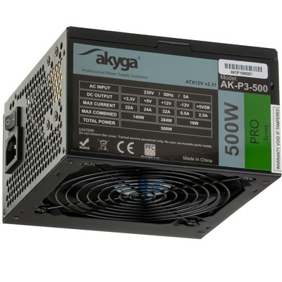 Akyga Zasilacz ATX 500W PPFC P8 PCI-E 6pin 6+2pin 5x SATA 2x Molex FAN 12cm
