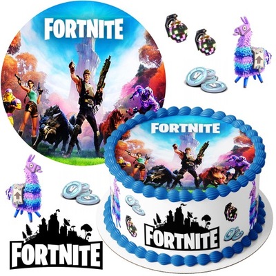 Opłatek na tort FORTNITE zestaw LOGO tekst GRATIS
