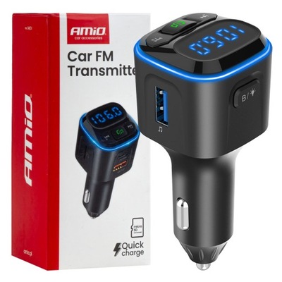 Transmiter samochodowy Bluetooth FM microSD 1×USB-A 2×USB-C 12V 24V AMIO