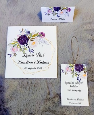 Zaproszenia Ślubne kwiatowe fiolet pampas 5szt