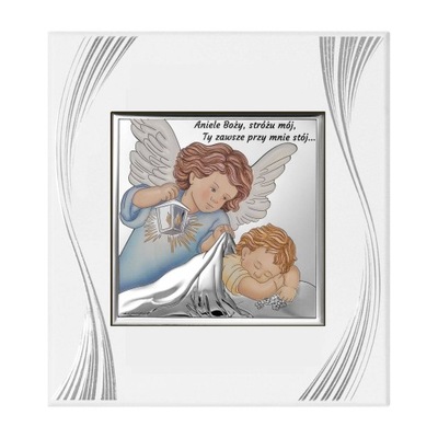 Kolorowy obraz anioła stróża srebrny z latarenką | Rozmiar: 14x15 cm