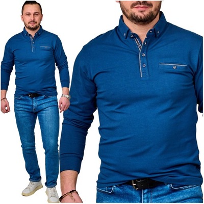 Bluzka koszulka męska z długim rękawem cienka polo zapinana 101 niebieska M