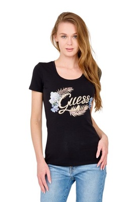 GUESS Damski czarny t-shirt ze zdobionym logo M