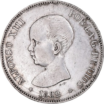 Moneta, Hiszpania, Alfonso XIII, 5 Pesetas, 1892,