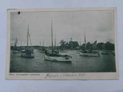 Stara pocztówka Hel, przystań rybacka 1929