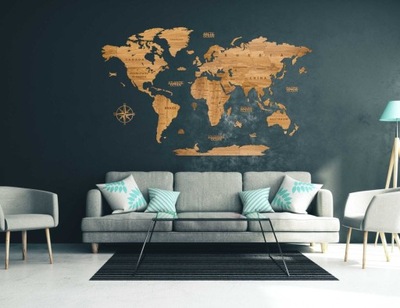 Drewniana mapa świata złoty dąb 200x100cm premium