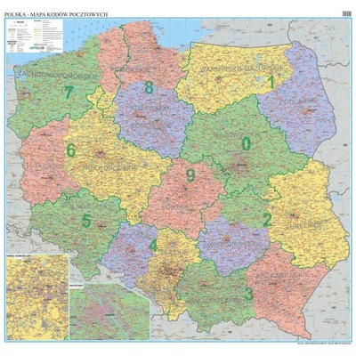 Polska mapa ścienna kody pocztowe arkusz laminowany Aktualna 2024