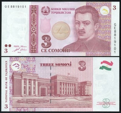 $ Tadżykistan 3 SOMONI P-20a UNC 2010