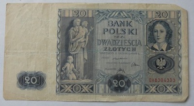 Banknot 20 zł 1936 r. Ser. DA