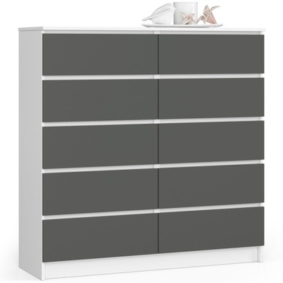 Komoda duża do salonu 120 cm 10 szuflad szafka klasyczna wysoka Biała Szara