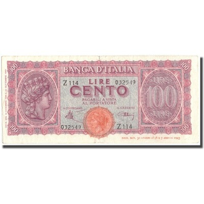 Banknot, Włochy, 100 Lire, 1944, 1944-12-10, KM:75