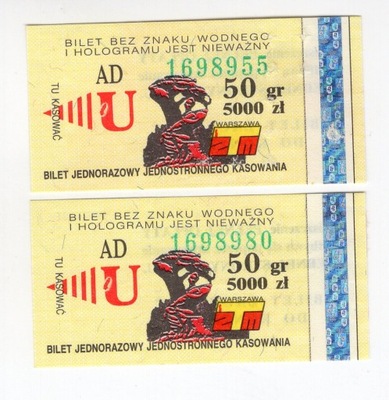 Warszawa bilet ZTM 50 groszy/5000 złotych 2 sztuki