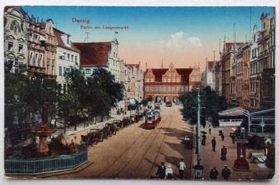 kartka pocztowa - Danzig - Gdańsk - Długi Targ - tramwaj - samochody