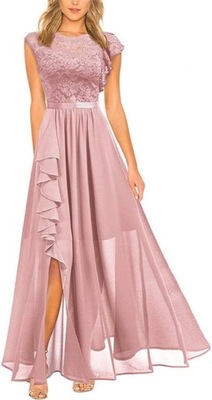 Różowa wieczorowa sukienka haft asymetryczna falbana XS 34
