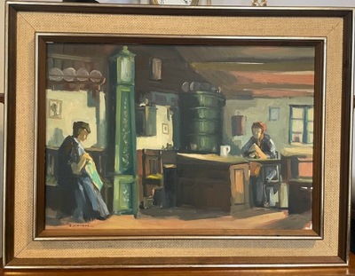 E. LOFDAHL - obraz olejny na płótnie - kobiety haftujące - 63 cm. x 83 cm.