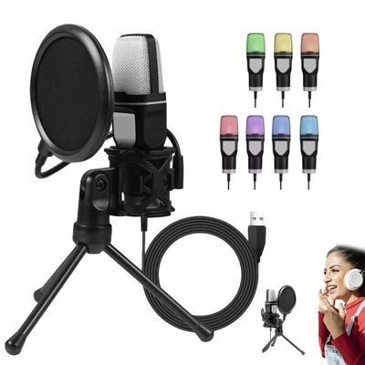 MIKROFON KIERUNKOWY USB DO KOMPUTERA Z STATYWEM I OSŁONĄ