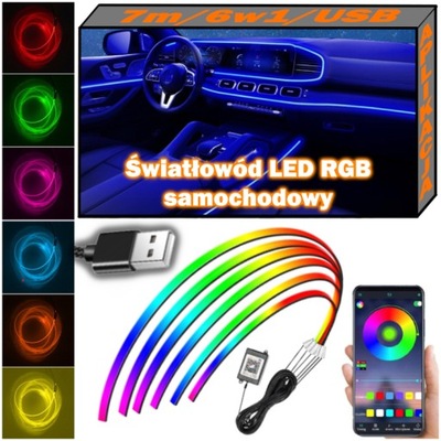 ŠVIESOLAIDIS : AUTOMOBILIO AMBIENT RGB GADZETY KABINOS KOMPLEKTAS 7M 6W1 USB + APP 