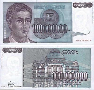 # JUGOSŁAWIA - 100000000 DINARÓW - 1993 P-124 UNC