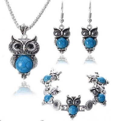 Srebrny komplet biżuterii niebieskie sowy z kamieniami sówki
