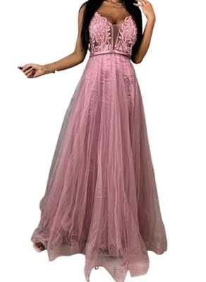 MD długa różowa tiulowa sukienka koronka maxi | S