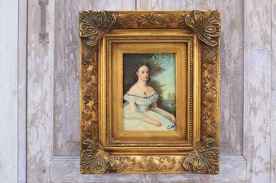 Portrét - Francúzska aristokratka v šatách - Olejomaľba - Zlatý rám