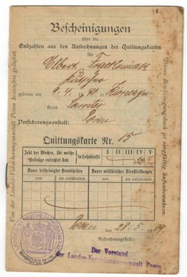 Poznań 1909 Karta kwitowa ubezpieczeniowa policja