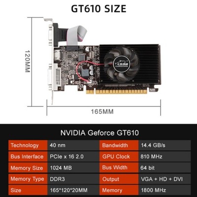 GT610 1GB DDR3 128bit Graphics Card Desktop Gaming Karta graficzna PCI- Fan