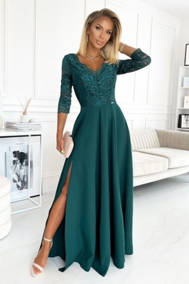 309-5 AMBER elegantné čipkované dlhé šaty s výstrihom - FLAŠOVÁ ZELENÁ