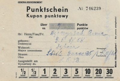 PUnktschein Kupon Punktowy GG 1943- czytaj opis