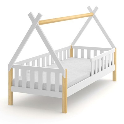 Białe biało sosnowe łóżko dziecięce drewniane 180