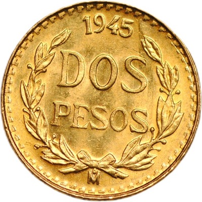 Meksyk 2 pesos 1945 ładne złoto