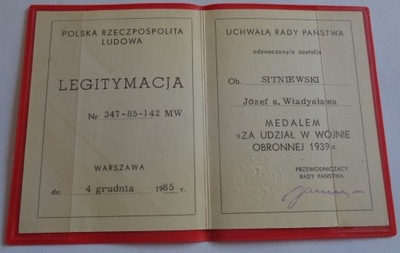 LEGITYMACJA MEDALU ZA UDZIAŁ W WOJNIE OBRONNEJ 1939