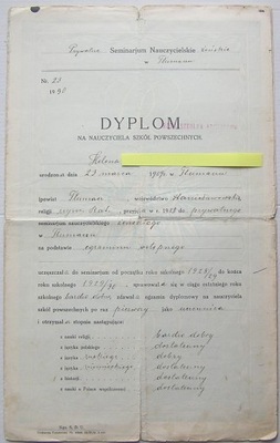 Dyplom Seminarium Nauczycielskie w Tłumaczu 1930