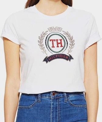 TOMMY HILFIGER t-shirt DAMSKA koszulka CYRKONIE- S