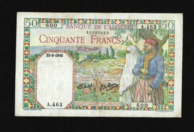 ALGIERIA 50 FRANKÓW 1940 PICK#84a VF+ RZADKI