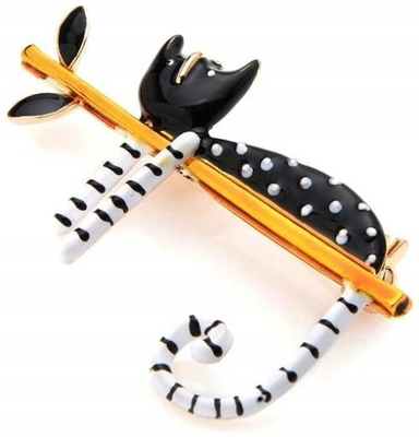 Broszka elegancka Czarny kot kotek na gałęzi pin Przypinka cyrkonie Modna