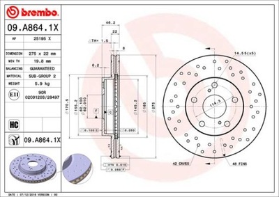 BREMBO XTRA TOYOTA AURIS E15 275MM DISCOS PARTE DELANTERA 09.A864.1X  